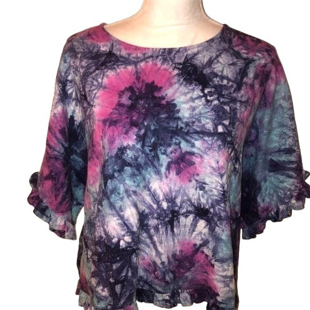 C&C California Tie Dye Top Large Womens Blue Pink Linen Blend Dolman Sleeves